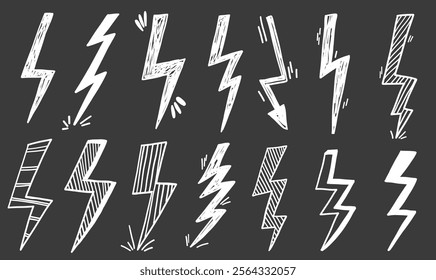 Hand drawn lighting stroke  doodle electric thunderbolt set. Electricity shock weather drawing illustration
