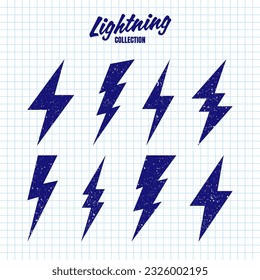 Hand drawn lightning bolt icons with grunge texture on checkered paper sheet. Vintage flash symbol, thunderbolt. Simple lightning strike sign. Vector illustration