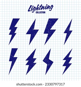 Hand drawn lightning bolt icons with grunge texture on checkered paper sheet. Vintage flash symbol, thunderbolt. Simple lightning strike sign. Vector illustration