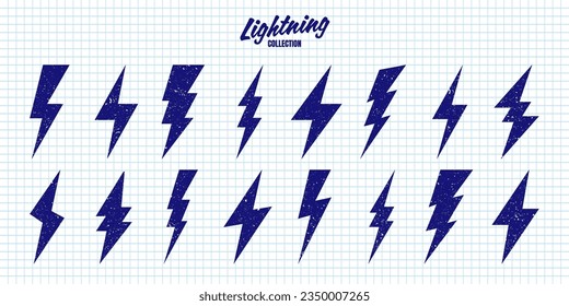 Hand drawn lightning bolt icons with grunge texture on checkered paper sheet. Vintage flash symbol, thunderbolt. Simple lightning strike sign. Vector illustration
