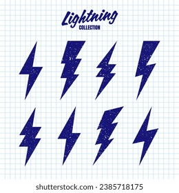 Hand drawn lightning bolt icons with grunge texture on checkered paper sheet. Vintage flash symbol, thunderbolt. Simple lightning strike sign. Vector illustration