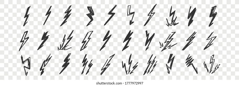 Hand drawn lightning doodle set. Collection of pen ink pencil drawing sketches of electrical strokes thunderbolt isolated on transparent background. Illustration of weather event or phenomenon.