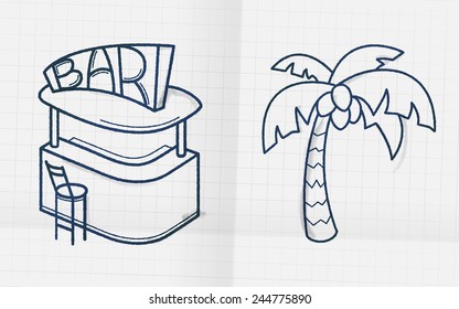 Hand drawn like bar at the beach and palm sketch in writing book