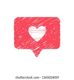 Hand drawn like icon. White heart on the red message window. Like icon