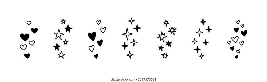 Dibujado a mano como reacción para transmisión en vivo, blog, comentario, publicación en redes sociales. Corazones de escritura a mano, estrellas, centellear, chispas, brillo. Ilustración vectorial Doodle. Garabato de crayón