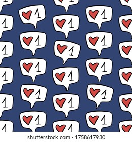 A mano dibujada le gusta el patrón sin fisuras. El corazón rojo y el número 1 en la burbuja del habla. Elemento de red social. contador Web. Ilustración vectorial simple en estilo doodle. Fondo azul oscuro.