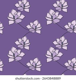 Hand drawn lilac flower seamless pattern vector. Contour illustration. Abstract outline botanical backdrop. Line continuous wallpaper, violet cartoon background, fabric, textile, minimal print.
