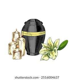 Hand drawn lilies, candles and an urn with ashes. Vector hand drawn isolated illustration on white background. Sketch symbol of death, cemetery, christianity, religion, faith, trust and resurrection