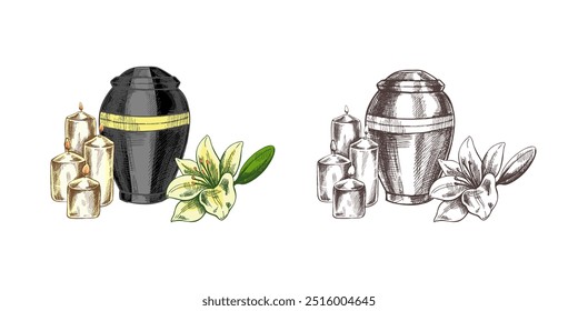 Hand drawn lilies, candles and an urn with ashes. Vector hand drawn isolated illustration on white background. Sketch symbol of death, cemetery, christianity, religion, faith, trust and resurrection