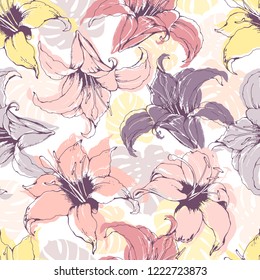 Hand drawn lilies floral seamless pattern vector