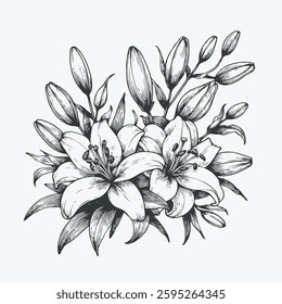 Hand drawn lilies sketch, lily buds flower, set of flowers vector, illustration outline, botanical black and white line art, lineart leaves and stems in engraving style