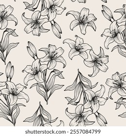 Hand drawn lily branch seamless pattern