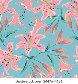 Hand Drawn Lily Flowers print for textile. The drawn flowers beautiful illustration for the fabric. Design ornament pattern seamless. Vector
