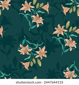 Hand Drawn Lily Flowers print for textile. The drawn flowers beautiful illustration for the fabric. Design ornament pattern seamless. Vector