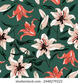 Hand Drawn Lily Flowers print for textile. The drawn flowers beautiful illustration for the fabric. Design ornament pattern seamless. Vector