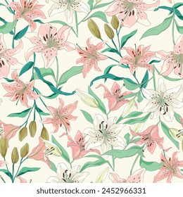 Hand Drawn Lily Flowers print for textile. The drawn flowers beautiful illustration for the fabric. Design ornament pattern seamless. Vector