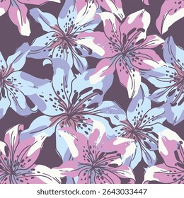 Mão desenhada Lily Flores impressão para têxtil. As flores desenhadas bela ilustração para o tecido. Design padrão de ornamento sem costura. Vetor
