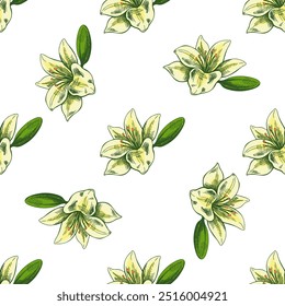 Hand drawn lily seamless pattern.  Vector tattoo design element. Vintage illustration.	