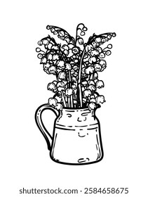 Hand drawn lily of the valley bouquet in a vase. Black line art of beautiful winter flowers isolated on a white background. Illustration for online and print projects.