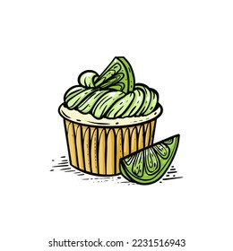 Hand drawn lime cupcake engraving style vector art illustration for menu, cafe and poster.