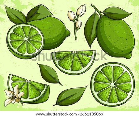 Hand Drawn Lime Set Collection – Whole Lime, Half Lime, Juicy Slices, Green Leaves, and Blooming Citrus Flowers