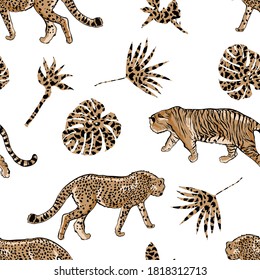 Hand drawn lind sketch Tiger and Leopard cheetah with palm leaves animal skin print seamless pattern,Design for fashion , fabric, textile, wallpaper, cover, web, wrapping on white