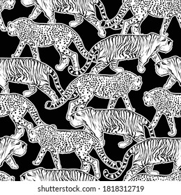 Hand drawn lind sketch Tiger and Leopard cheetah balck and white seamless pattern,Design for fashion , fabric, textile, wallpaper, cover, web , wrapping and all prints on black