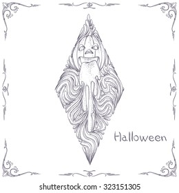hand drawn line abstract pattern with a pumpkin on a white background.It can be used to print on clothing, tattoos and posters