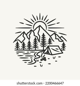 Hand Drawn Line Adventure nature landscape Logo Badge