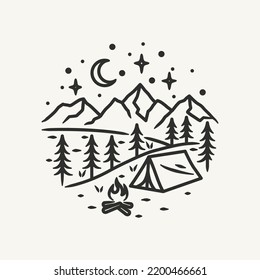 Hand Drawn Line Adventure nature landscape Logo Badge