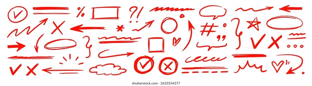 Hand drawn line arrow chalk brush stroke red icon set. Red crayon underline, check mark, scribble shapes with rough texture. Hand style symbols, arrows, star and frame highlight. Vector illustration