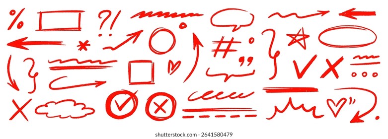Hand drawn line arrow chalk brush stroke red icon set. Red crayon underline, check mark, scribble shapes with rough texture. Hand style symbols, arrows, star and frame highlight. Vector illustration