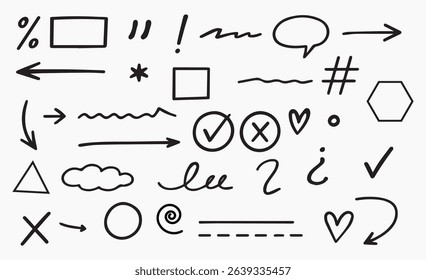 Hand drawn line arrow icon set. Chalk crayon underline, check mark, scribble and texture in rough hand sketch style. Drawn heart, frame, star design shapes