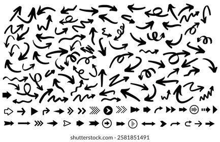 Hand drawn line arrow set vector 
