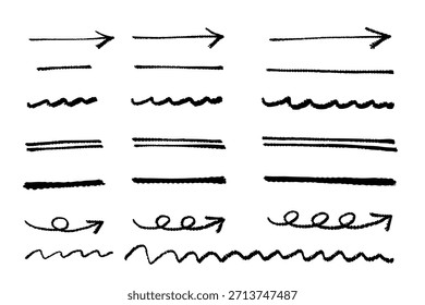 Handgezeichnete Linie und Pfeilsatz, raue Doodle-Unterstriche und dekorative Skizzenelemente