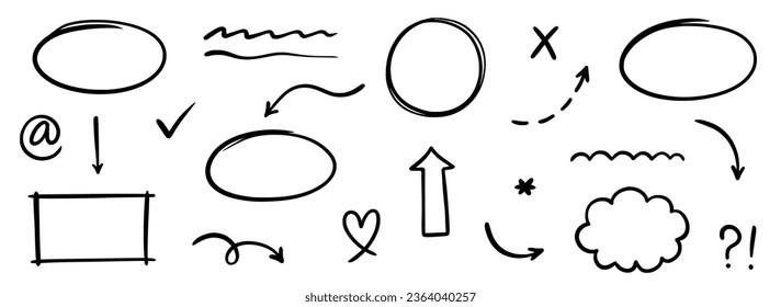 Hand drawn line arrow, sketch underline, round frame element set. Scribble sketch pencil stroke circle frame, heart, doodle graphic element. Vector illustration