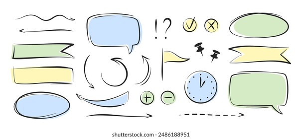 Flecha de línea dibujada a mano, burbuja de voz, subrayado de boceto, elemento resaltado. Plantillas y Elementos para procesos de negocio, elemento gráfico doodle. Ilustración vectorial.
