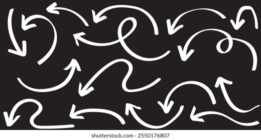 Hand drawn line arrows icons set collection. Doodle marker various curved linear arrows.