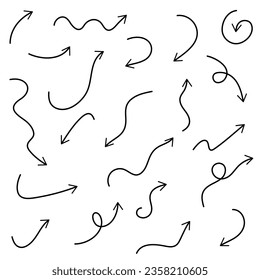 Juego de flechas de líneas dibujadas a mano. Ilustración del vector aislada en fondo blanco
