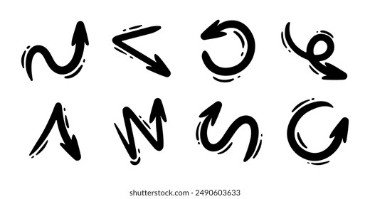 Hand drawn line arrows set. Vector curvy and wavy arrows isolated on white background.