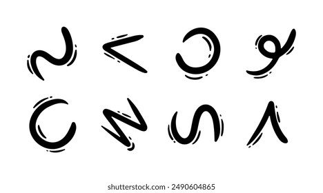 Hand drawn line arrows set. Vector curvy and wavy arrows isolated on white background.