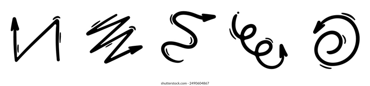 Hand drawn line arrows set. Vector curvy and wavy arrows isolated on white background.
