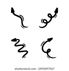 Hand drawn line arrows set. Vector curvy and wavy arrows isolated on white background.