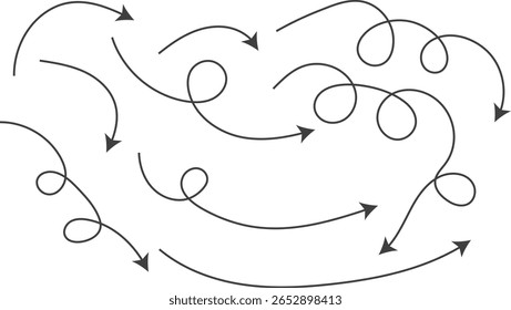 Setas desenhadas à mão. Esboço de sinalética tracejada curva mostrando caminhos complexos confusos. sinal de ponteiros curvos. Seta de linha pontilhada em espiral
