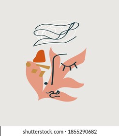 Hand drawn line art abstract face. Scandinavian style.