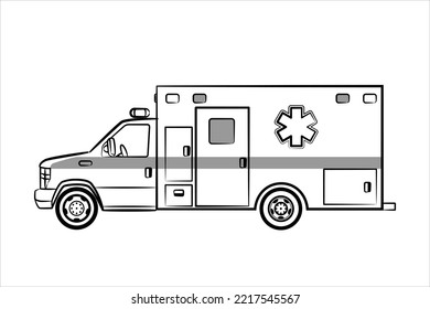 A hand drawn line art of a ambulance. Isolated medical van template on white background. Outline vehicle, side view.  Modern flat vector illustration. 