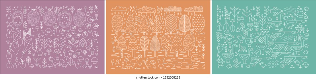 Hand drawn line art autumn fall illustration. Vector autumn doodle elements set with fall leaves, cute autumn animals, birds, insects, plants, mushrooms, apples, flying kites, hedgehogs. Hello Autumn.