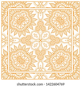  Hand drawn line art background. Seamless lace pattern with ornate frame border, doodle floral ornament. Bandana shawl, tablecloth fabric print, silk neck scarf, kerchief design. Vector illustration