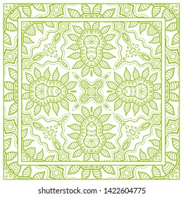 Hand drawn line art background. Seamless lace pattern with ornate frame border, doodle floral ornament. Bandana shawl, tablecloth fabric print, silk neck scarf, kerchief design. Vector illustration