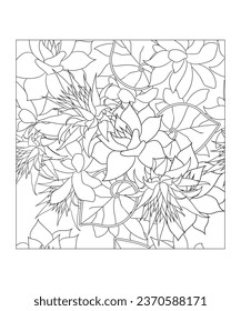 Hand drawn line art Beautiful succulent flower seamless pattern  illustration Coloring book page antistress for children and adults. Perfect for coloring book, invitation, greeting card, print.